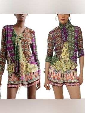 Zara Multi-Color Printed Tie-Neck Blouse in Purple, Green, Brown, Yellow